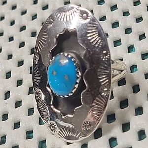 Native American Large Sterling Silver Shadow Box Turquoise Ring Sz 6